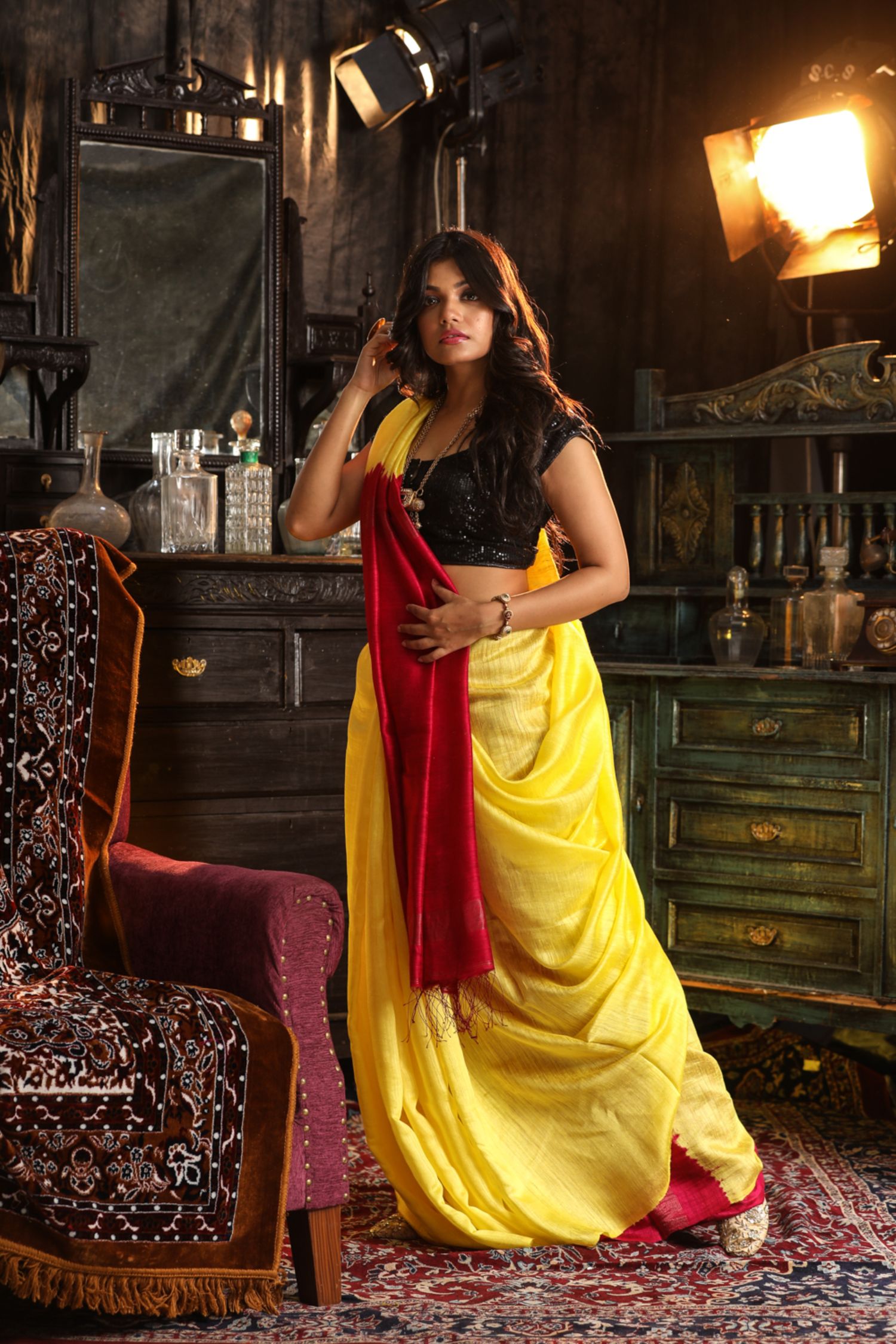 Bengal Hand Woven Yellow nad Rani Hand woven Pure Matka Silk Saree