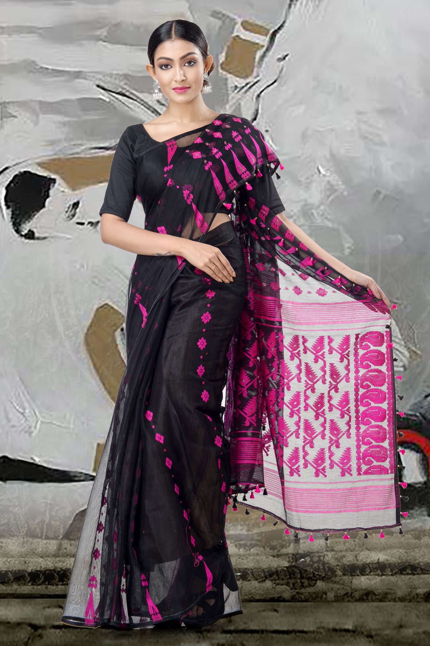 Black Jamdani Saree With Thread Weave